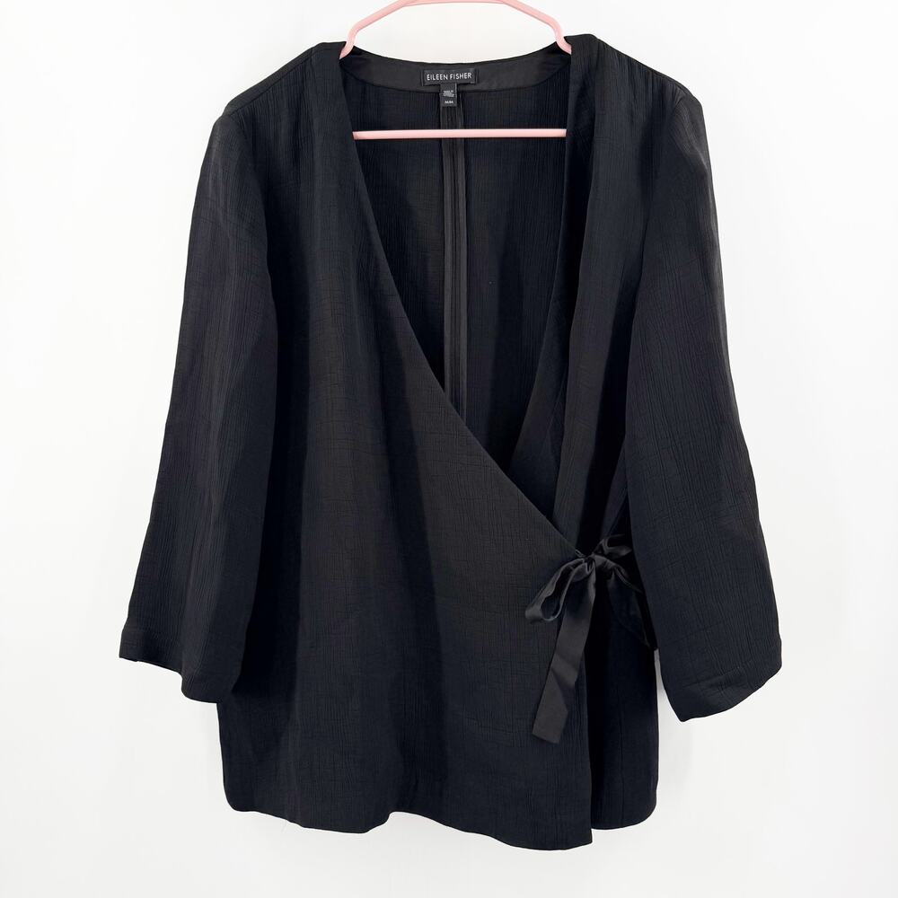 Eileen Fisher Wrap Top Women's Size Medium Silk Sponge Blend Charmeuse Black
